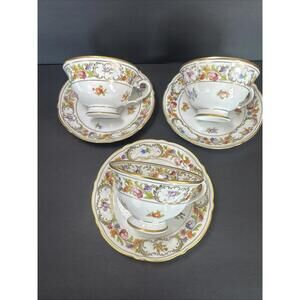 Set Of 3 Schumann Empress Dresden Flowers Pedestal Cups & Saucers